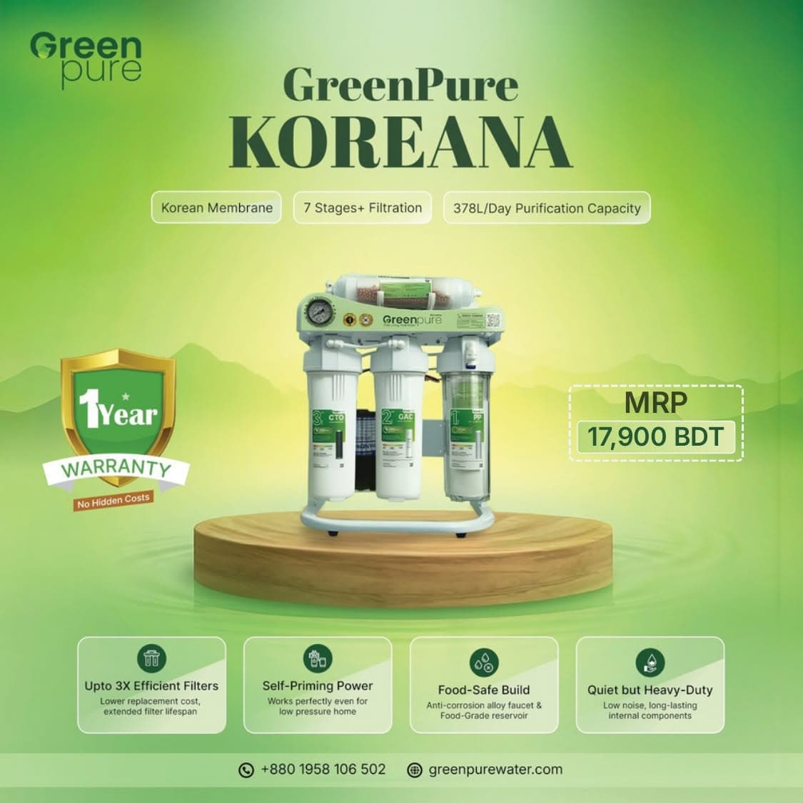 Greenpure Koreana GP-A2 7-stage Korean CSM RO water purifier with mineral and alkaline filtration