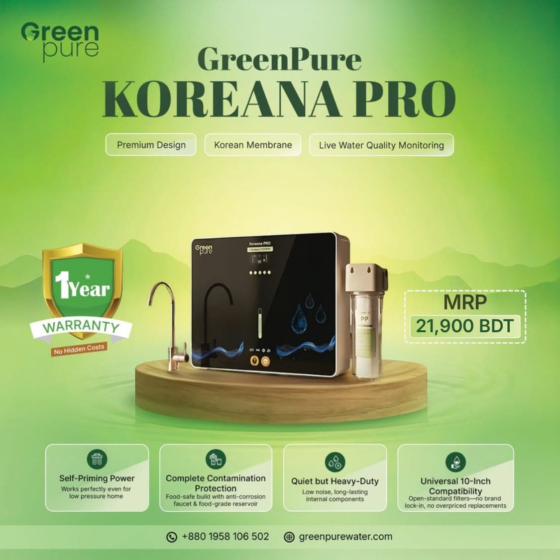 Greenpure Koreana Pro GP-M1 7-stage Korean RO water purifier with digital TDS display and tempered glass front