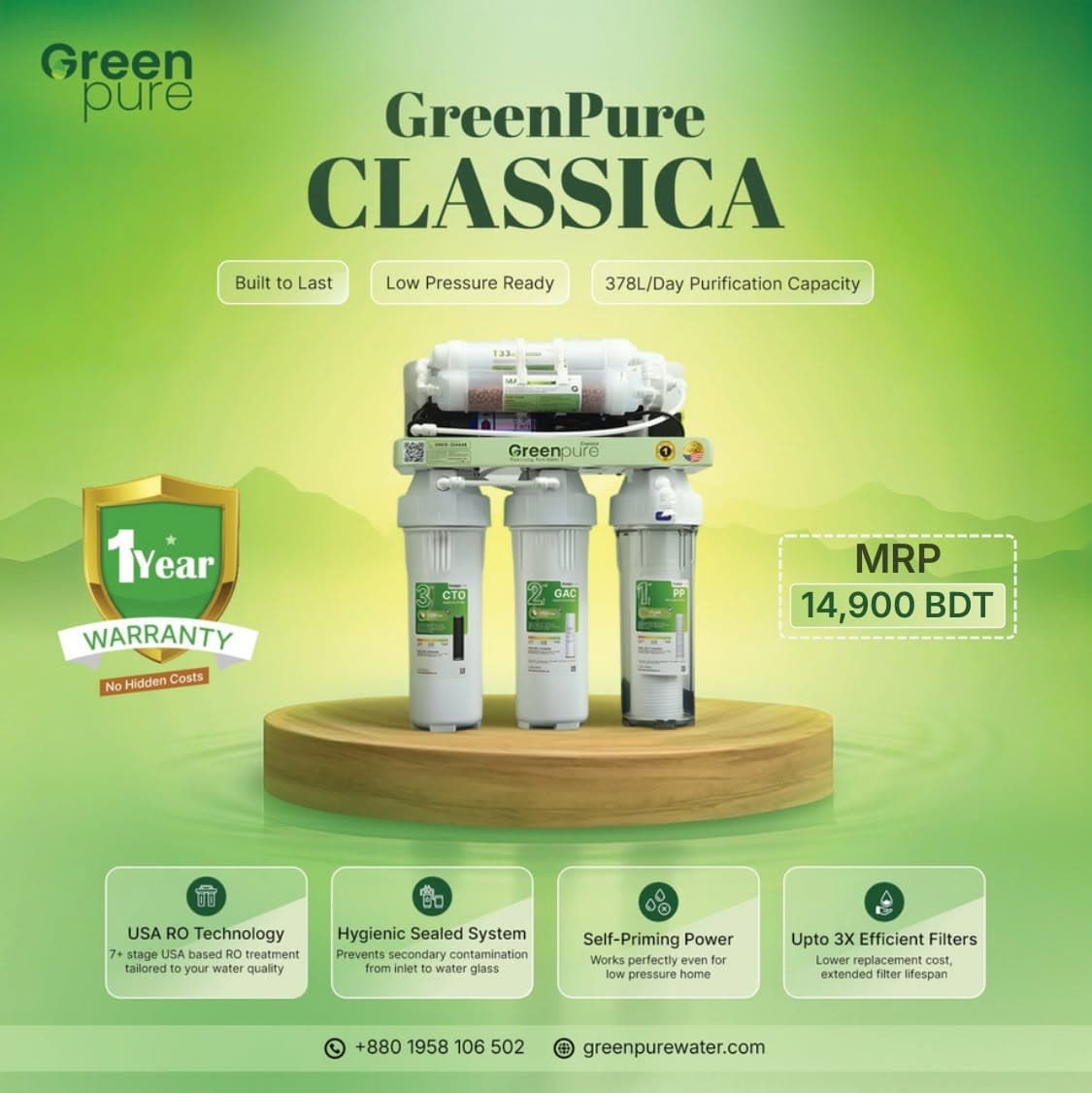 GreenPure Classica GP-A1 6-stage 100 GPD RO water purifier with low-pressure booster pump